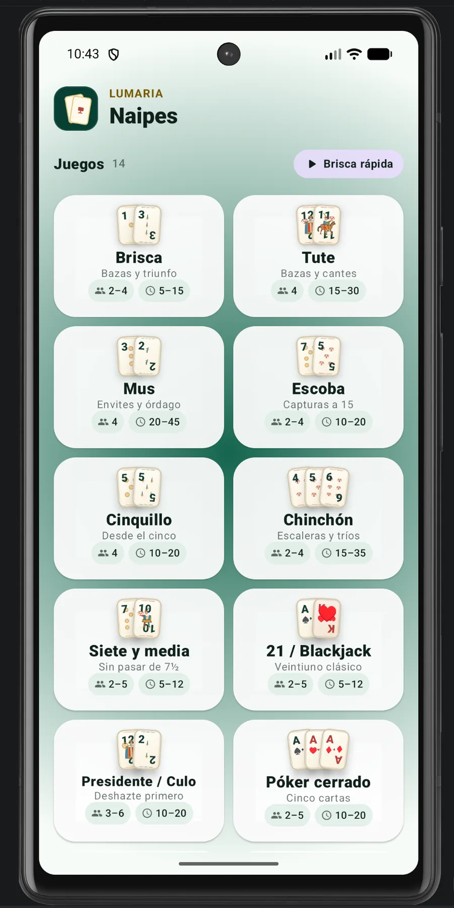 Lumaria Naipes — 14-game catalog